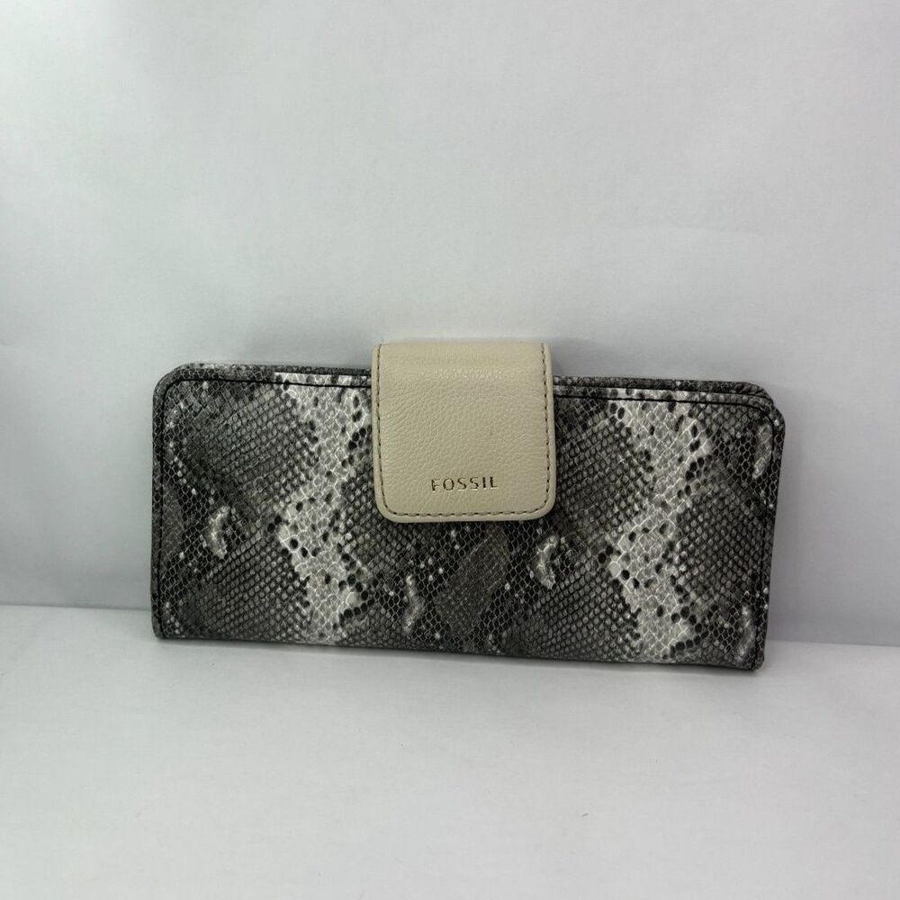 Fossil Madison Gray Leather Python Print Clutch W… - image 1